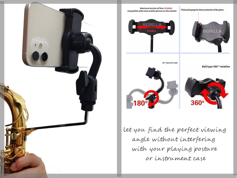 BEIIRLLA Alto Saxophone Lyre Phone Holder, 360°Adjustable Music Stand Mount for Alto,Tenor&Bari Sax,3.5-Inch Max Opening, Marching Band,fit 4mm*4mm Square Socket with Storage Bag - Image 3